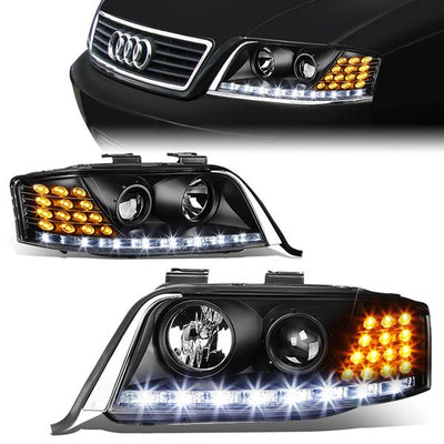 98-01 Audi A6 Quattro Headlights - LED DRL+Corner - Black Housing - Projector - Plug-n-Play - Pair