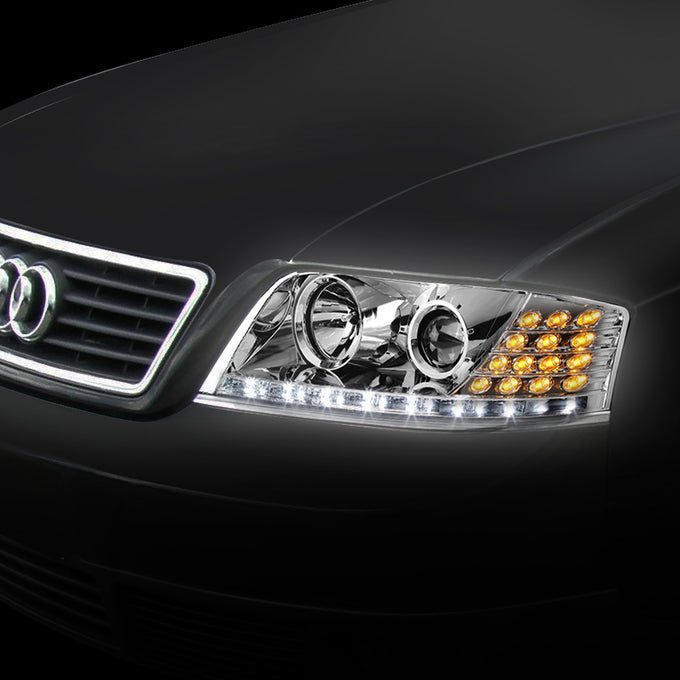 D-Motoring - Headlights - LED DRL+Corner - Chrome Housing - Projector - Plug-n-Play - Pair - 98-01 Audi A6 / A6 Quattro - 7