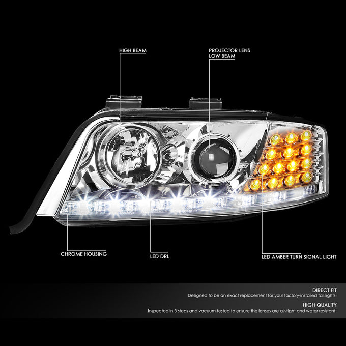 D-Motoring - Headlights - LED DRL+Corner - Chrome Housing - Projector - Plug-n-Play - Pair - 98-01 Audi A6 / A6 Quattro - 2