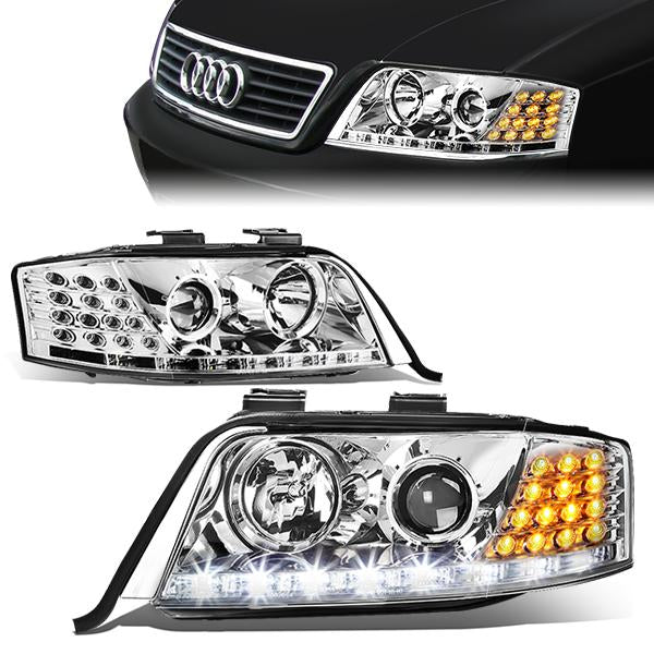 98-01 Audi A6 Quattro Headlights - LED DRL+Corner - Chrome Housing - Projector - Plug-n-Play - Pair