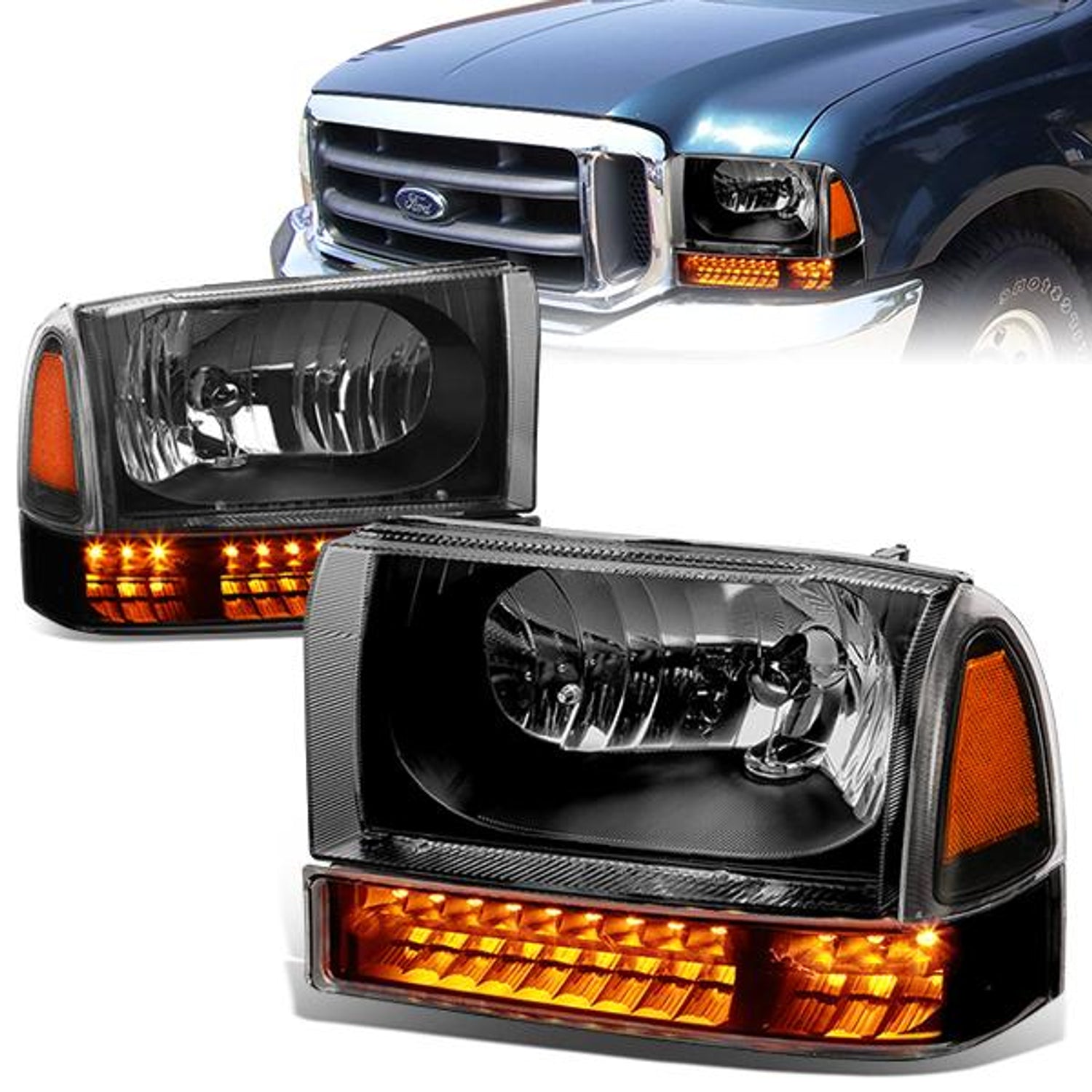 99-04 Ford F-250 F-350 Excursion Headlights - LED DRL+Corner - Black Housing - Amber Corner - Plug-n-Play - Pair