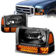 99-04 Ford F-250 F-350 Excursion Headlights - LED DRL+Corner - Black Housing - Amber Corner - Plug-n-Play - Pair
