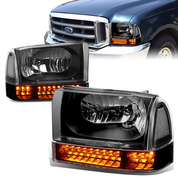 99-04 Ford F-250 F-350 Excursion Headlights - LED DRL+Corner - Black Housing - Plug-n-Play - Pair