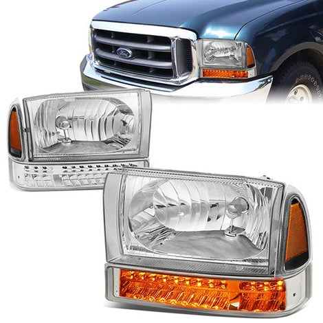 99-04 Ford F-250 F-350 Excursion Headlights - LED DRL+Corner - Chrome Housing - Amber Corner - Plug-n-Play - Pair