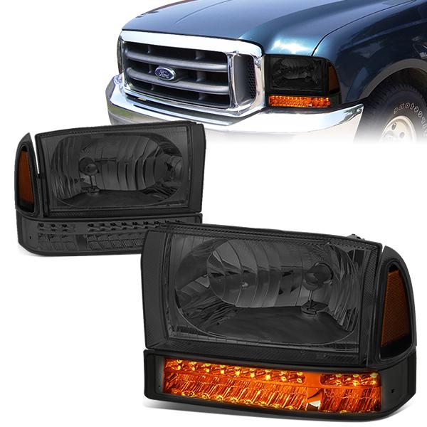 99-04 Ford F-250 F-350 Excursion Headlights - LED DRL+Corner - Smoked Housing - Amber Corner - Plug-n-Play - Pair