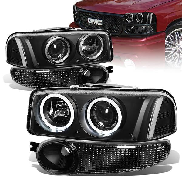 01-07 GMC Sierra 1500 Yukon Denali Headlights - LED Halo Rings - Black Housing - Projector - Plug-n-Play - Pair