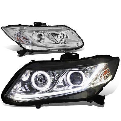 D-Motoring - Headlights - LED Halo Rings+DRL - Chrome Housing - Amber Corner - Projector - Plug-n-Play - Pair - Honda Civic 2-Door Coupe / Civic 4-Door Sedan - 1