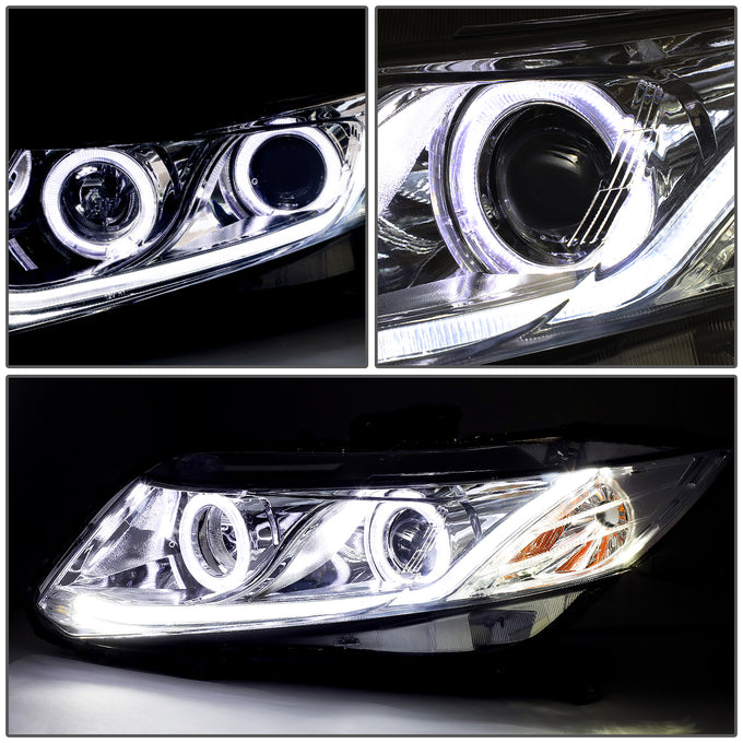 D-Motoring - Headlights - LED Halo Rings+DRL - Chrome Housing - Amber Corner - Projector - Plug-n-Play - Pair - Honda Civic 2-Door Coupe / Civic 4-Door Sedan - 2