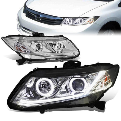 12-15 Honda Civic Civic Headlights - LED Halo Rings+DRL - Chrome Housing - Amber Corner - Projector - Plug-n-Play - Pair