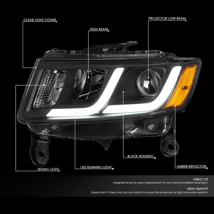 D-Motoring - 14-16 Jeep Grand Cherokee Headlights - LED DRL - Clear Lens - Amber Corner - Projector - Plug-n-Play - Pair - 2