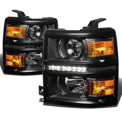 D-Motoring - Headlights - LED DRL - Black Housing - Amber Corner - Projector - Pair - Chevrolet Silverado 1500 / 2500(HD) / 3500(HD) - 1