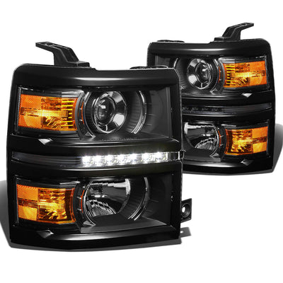 D-Motoring - Headlights - LED DRL - Black Housing - Amber Corner - Projector - Pair - Chevrolet Silverado 1500 / 2500(HD) / 3500(HD) - 3