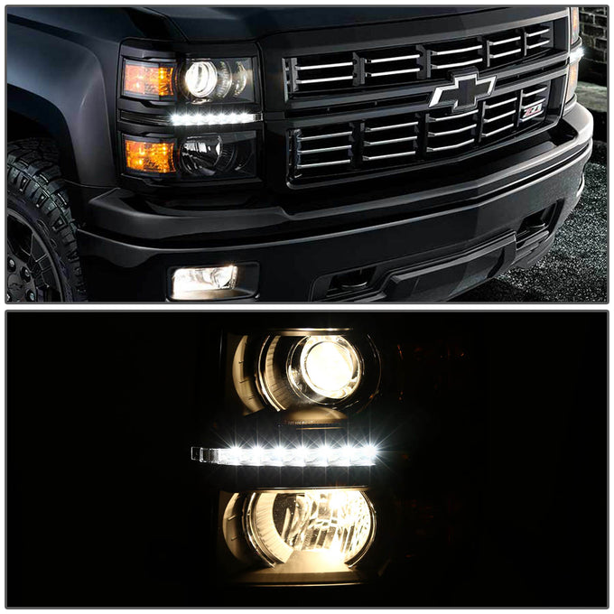 D-Motoring - Headlights - LED DRL - Black Housing - Amber Corner - Projector - Pair - Chevrolet Silverado 1500 / 2500(HD) / 3500(HD) - 4