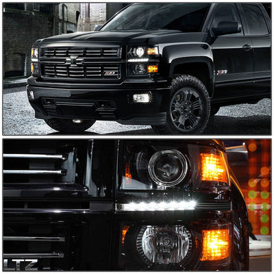D-Motoring - Headlights - LED DRL - Black Housing - Amber Corner - Projector - Pair - Chevrolet Silverado 1500 / 2500(HD) / 3500(HD) - 6