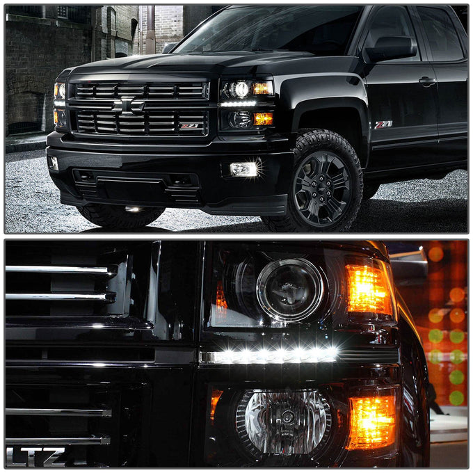 D-Motoring - Headlights - LED DRL - Black Housing - Amber Corner - Projector - Pair - Chevrolet Silverado 1500 / 2500(HD) / 3500(HD) - 6