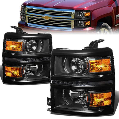 14-15 Chevrolet Silverado 1500 2500 3500 Headlights - LED DRL - Black Housing - Amber Corner - Projector - Pair