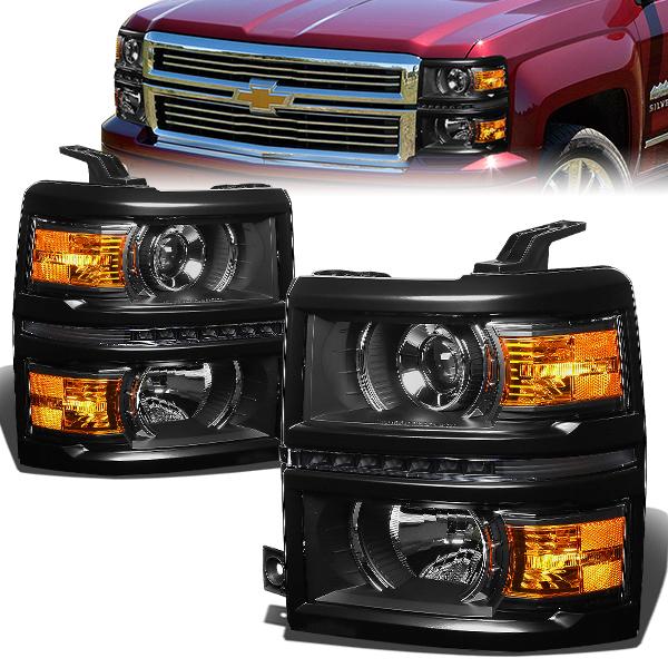 14-15 Chevrolet Silverado 1500 2500 3500 Headlights - LED DRL - Black Housing - Amber Corner - Projector - Pair