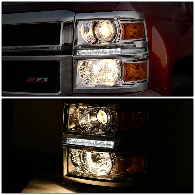 D-Motoring - Headlights - LED DRL - Chrome Housing - Amber Corner - Projector - Pair - Chevrolet Silverado 1500 - 4