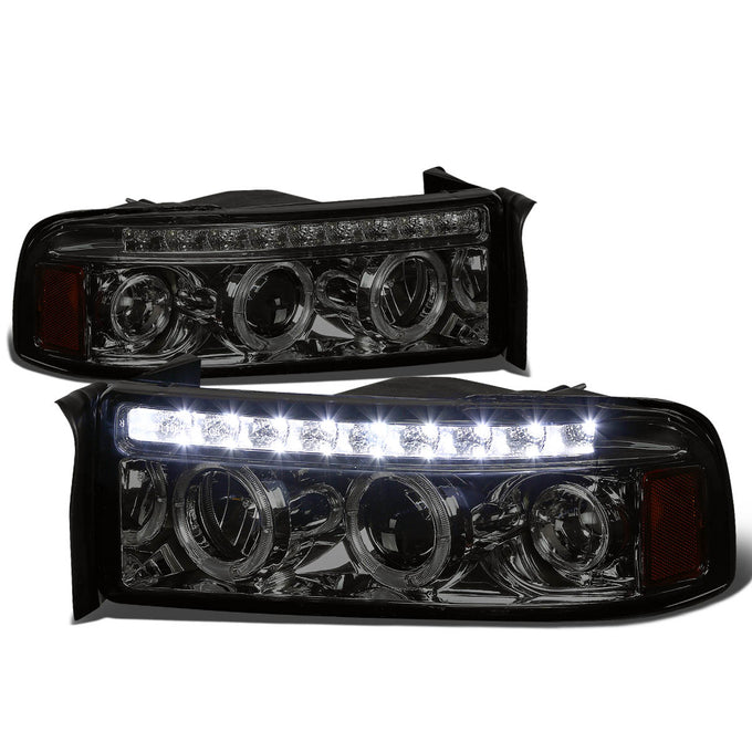 D-Motoring - Headlights - Dual Halo+LED DRL - Smoked Lens - Amber Corner - Projector - Plug-n-Play - Pair - Dodge Ram 1500 / 2500 / 3500 - 1