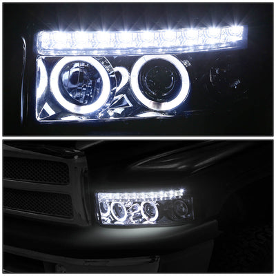 D-Motoring - Headlights - Dual Halo+LED DRL - Smoked Lens - Amber Corner - Projector - Plug-n-Play - Pair - Dodge Ram 1500 / 2500 / 3500 - 3