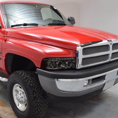 D-Motoring - Headlights - Dual Halo+LED DRL - Smoked Lens - Amber Corner - Projector - Plug-n-Play - Pair - Dodge Ram 1500 / 2500 / 3500 - 4