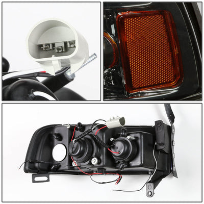 D-Motoring - Headlights - Dual Halo+LED DRL - Smoked Lens - Amber Corner - Projector - Plug-n-Play - Pair - Dodge Ram 1500 / 2500 / 3500 - 5