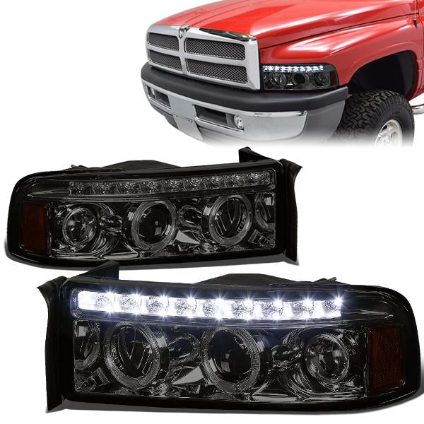 94-02 Dodge Ram 1500 2500 3500 Headlights - Dual Halo+LED DRL - Smoked Housing - Amber Corner - Projector - Plug-n-Play - Pair