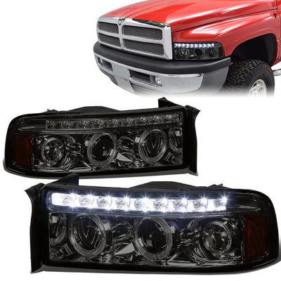 94-02 Dodge Ram 1500 2500 3500 Headlights - Dual Halo+LED DRL - Smoked Housing - Amber Corner - Projector - Plug-n-Play - Pair