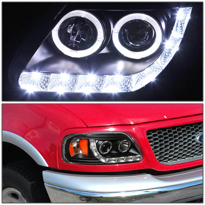 D-Motoring - Headlights - Halo Rings+LED DRL - Black Housing - Amber Corner - Projector - Pair - Ford F-150 / F-150 Heritage / F-250 Light Duty / Expedition - 4