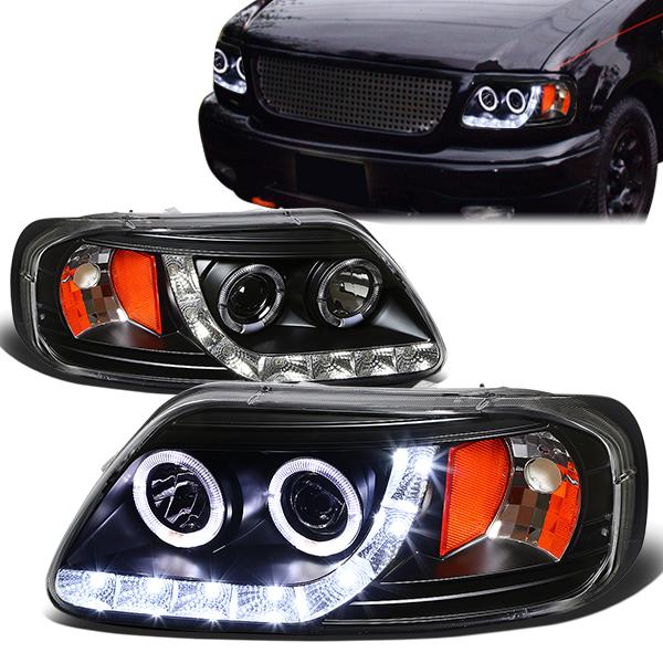 97-04 Ford F-150 Heritage F-250 Light Duty Expedition Headlights - Halo Rings+LED DRL - Black Housing - Amber Corner - Projector - Pair