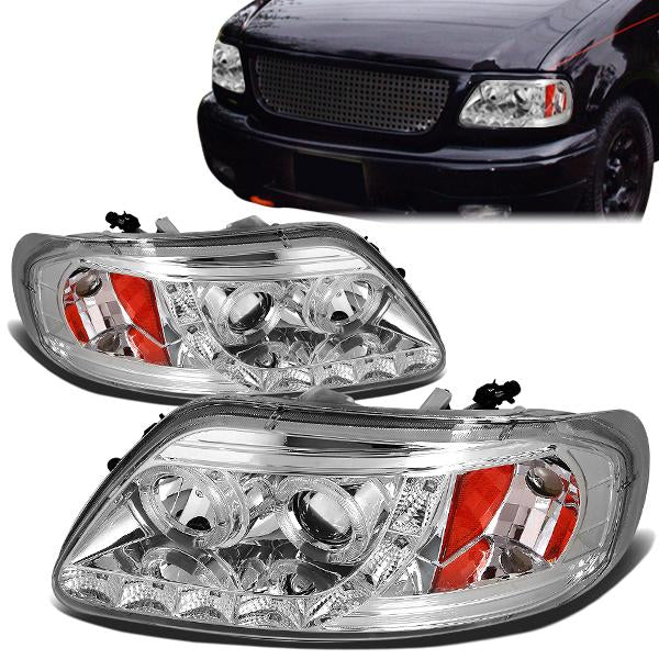 97-04 Ford F-150 Heritage F-250 Light Duty Expedition Headlights - Halo Rings+LED DRL - Chrome Housing - Amber Corner - Projector - Pair