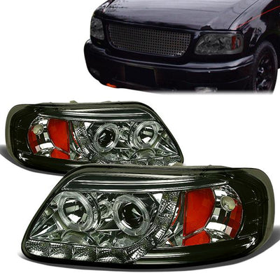 97-04 Ford F-150 Heritage F-250 Light Duty Expedition Headlights - Halo Rings+LED DRL - Smoked Housing - Amber Corner - Projector - Pair