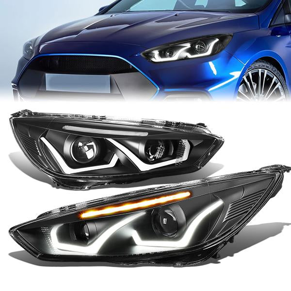 DNA Motoring HL-HPL-LED-FF16-BK-CL1 ブラックプロジェクターヘッドライト デュアルU-Halo DRL付き 15-1 15-18 Ford Focus LED DRL Halo Projector Headlights \u2013 CA Auto Parts