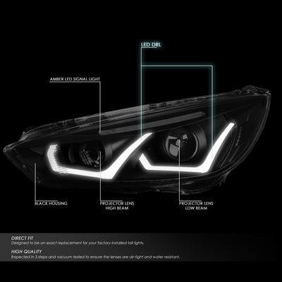 D-Motoring - Headlights - LED Halo - Black Housing - Smoked Lens - Clear Corner - Projector - Plug-n-Play - Pair - 15-17 Ford Focus - 2