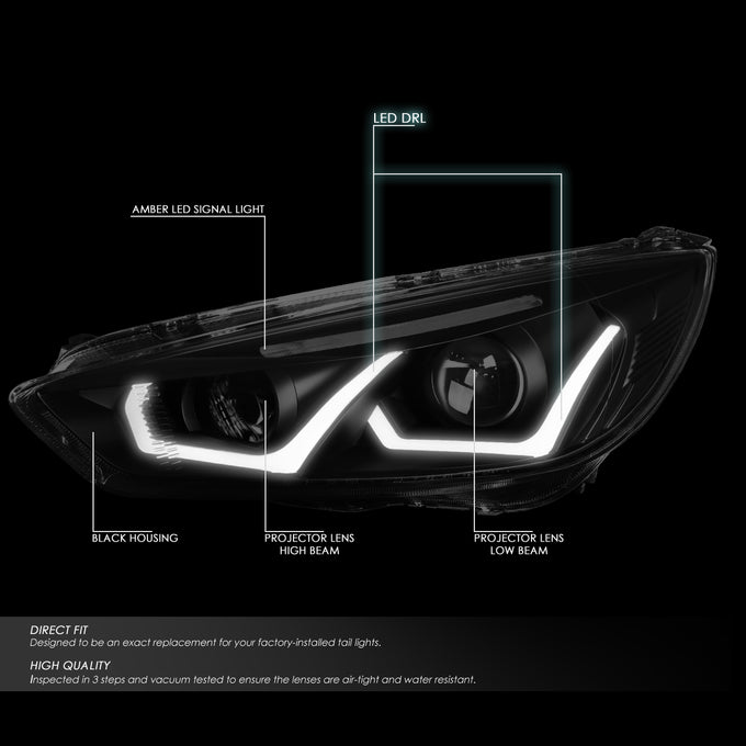 D-Motoring - Headlights - LED Halo - Black Housing - Smoked Lens - Clear Corner - Projector - Plug-n-Play - Pair - 15-17 Ford Focus - 2