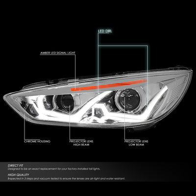 D-Motoring - Headlights - LED Dual Halo - Chrome Housing - Amber Corner - Projector - Plug-n-Play - Pair - 15-17 Ford Focus - 2