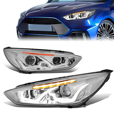 15-17 Ford Focus Headlights - LED Dual Halo - Chrome Housing - Amber Corner - Projector - Plug-n-Play - Pair