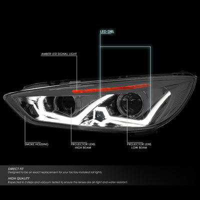 D-Motoring - Headlights - LED Dual Halo - Projector - Smoked Lens - Amber Corner - Plug-n-Play - Pair - 15-17 Ford Focus - 2