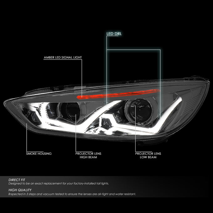 D-Motoring - Headlights - LED Dual Halo - Projector - Smoked Lens - Amber Corner - Plug-n-Play - Pair - 15-17 Ford Focus - 2