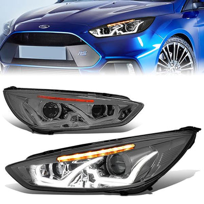 15-17 Ford Focus Headlights - LED Dual Halo - Smoked Housing - Projector - Plug-n-Play - Pair