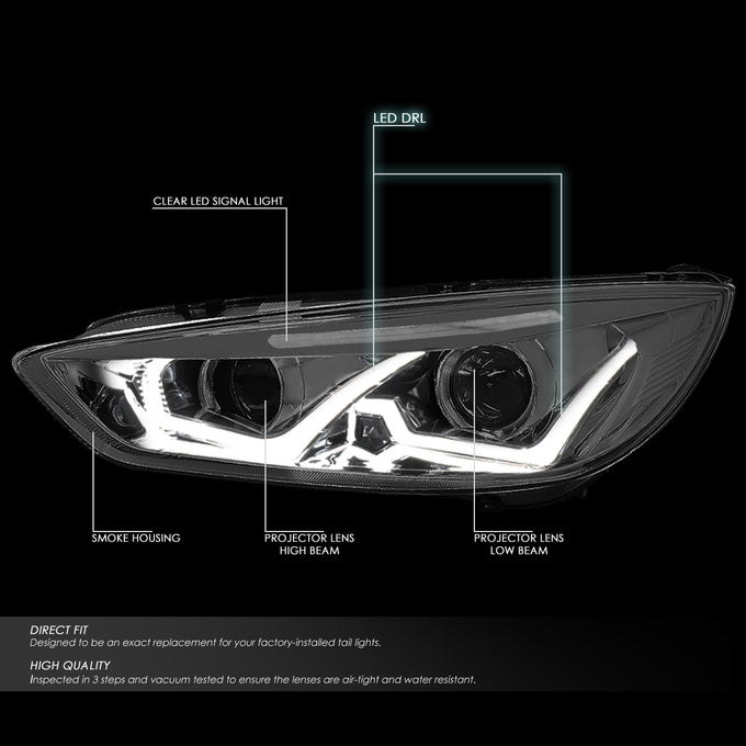 D-Motoring - Headlights - LED Dual Halo - Smoked Lens - Clear Corner - Projector - Plug-n-Play - Pair - 15-17 Ford Focus - 2