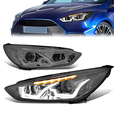 15-17 Ford Focus Headlights - LED Dual Halo - Smoked Housing - Clear Corner - Projector - Plug-n-Play - Pair