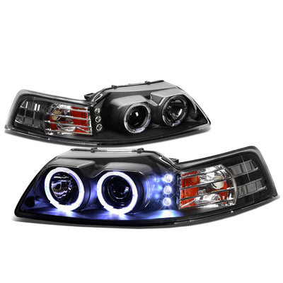D-Motoring - Headlights - Halo Ring+LED DRL - Black Housing - Amber Corner - Projector - Plug-n-Play - Pair - 99-04 Ford Mustang - 1