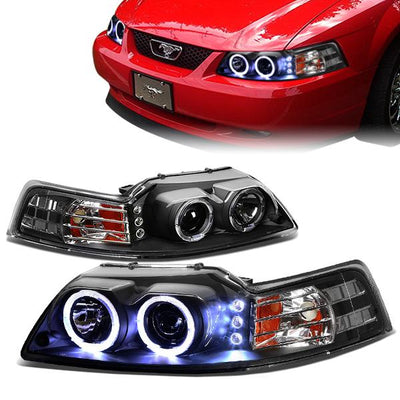 99-04 Ford Mustang Headlights - Halo Ring+LED DRL - Black Housing - Amber Corner - Projector - Plug-n-Play - Pair