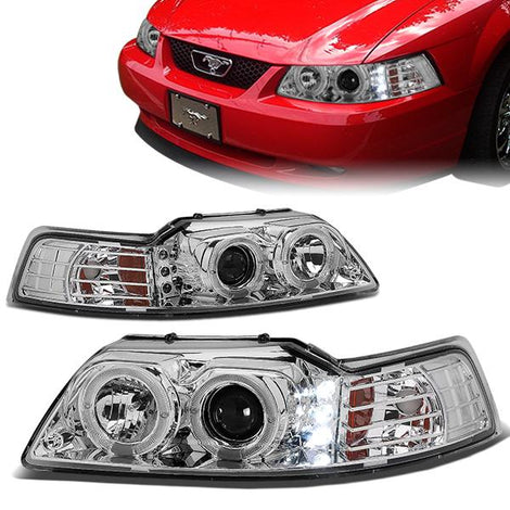 99-04 Ford Mustang Headlights - Halo Ring+LED DRL - Chrome Housing - Amber Corner - Projector - Plug-n-Play - Pair