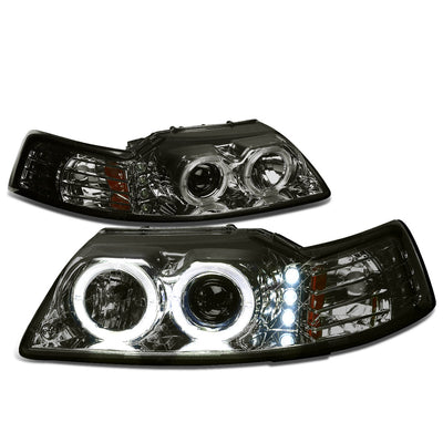 D-Motoring - Headlights - Halo Ring+LED DRL - Smoked Lens - Amber Corner - Projector - Plug-n-Play - Pair - 99-04 Ford Mustang - 1