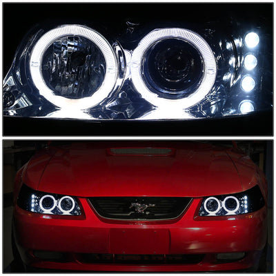 D-Motoring - Headlights - Halo Ring+LED DRL - Smoked Lens - Amber Corner - Projector - Plug-n-Play - Pair - 99-04 Ford Mustang - 3