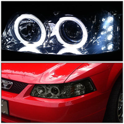 D-Motoring - Headlights - Halo Ring+LED DRL - Smoked Lens - Amber Corner - Projector - Plug-n-Play - Pair - 99-04 Ford Mustang - 4