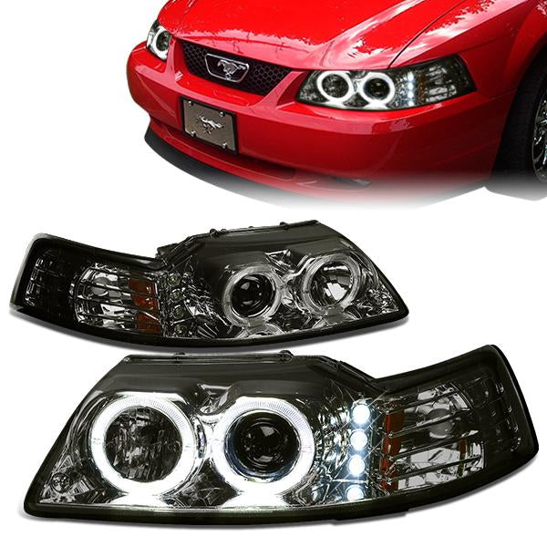 99-04 Ford Mustang Headlights - Halo Ring+LED DRL - Smoked Housing - Amber Corner - Projector - Plug-n-Play - Pair