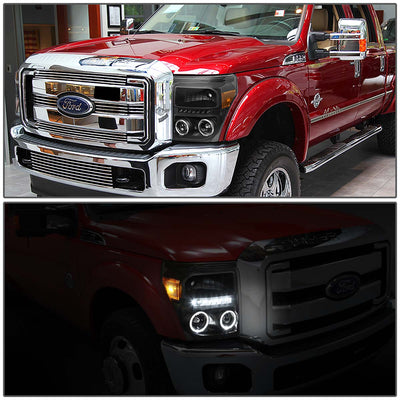 D-Motoring - Headlights - LED Halo Ring - Black Housing - Amber Corner - Projector - Plug-n-Play - Pair - Ford F-250 / 350 / 450 / 550 Super Duty - 6